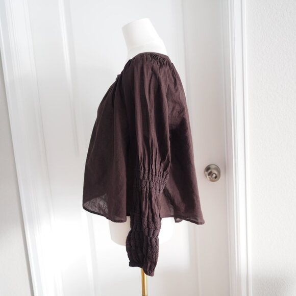 Aerie Peasant Blouse Coffee Brown Button-Up Ruched Sleeves Shirt Sz Large - Picture 2 of 10